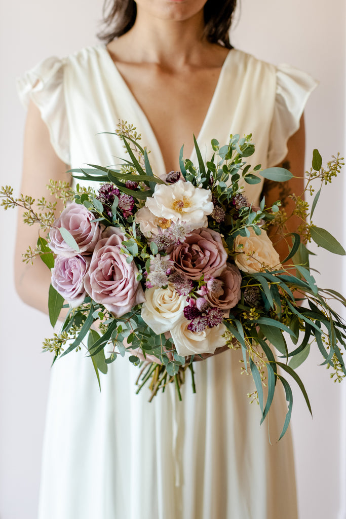 Mauve wedding flowers with eucalyptus